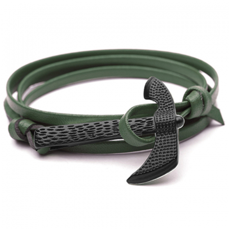 Bijuterii barbati - Bratara din piele naturala, model stil infasurat, prindere in forma de topor, Tessero, verde