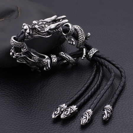 Bratara din piele naturala reglabila, model cu dragon Vintage, placat cu argint, marime reglabila, Tessero, argintiu si negru [1]