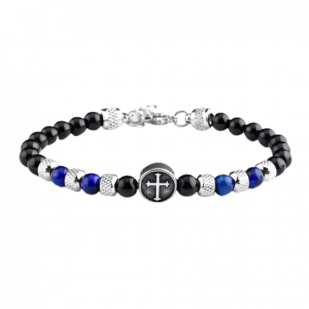 Bijuterii barbati - Bratara din pietre semipretioase, tiger eye, model cu cruce, charm-uri din otel inoxdabil, marime reglabila, Tessero, albastru