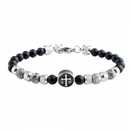 Bijuterii barbati - Bratara din pietre semipretioase, tiger eye, model cu cruce, charm-uri din otel inoxdabil, marime reglabila, Tessero, gri