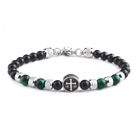 Bijuterii barbati - Bratara din pietre semipretioase, tiger eye, model cu cruce, charm-uri din otel inoxdabil, marime reglabila, Tessero, verde