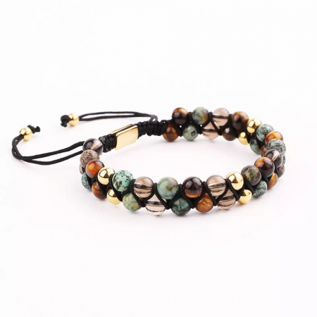 Bratara dubla din pietre naturale semipretioase, model tip macrame, marime reglabila pe snur, impletita pe diagonala, lucrata manual, unisex, Tessero, auriu [2]