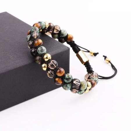 Bratara dubla din pietre naturale semipretioase, model tip macrame, marime reglabila pe snur, impletita pe diagonala, lucrata manual, unisex, Tessero, auriu [1]