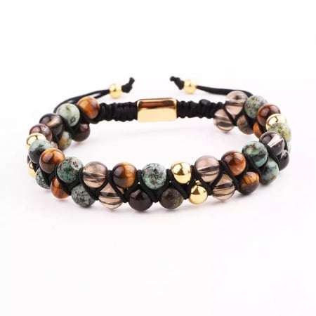 Bijuterii barbati - Bratara dubla din pietre naturale semipretioase, model tip macrame, marime reglabila pe snur, impletita pe diagonala, lucrata manual, unisex, Tessero, auriu