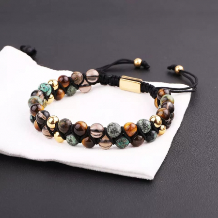 Bratara dubla din pietre naturale semipretioase, model tip macrame, marime reglabila pe snur, impletita pe diagonala, lucrata manual, unisex, Tessero, auriu [3]