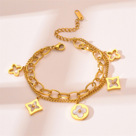 Bratara dubla model tip lant cu charm-uri in forma de trifoi, otel inoxidabil placat cu aur 18K, marime reglabila prin extensie, Tessero, auriu [3]