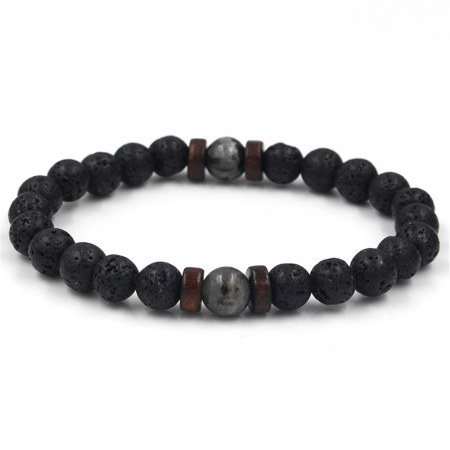 Bijuterii barbati - Bratara elastica cu model simetric din roca vulcanica naturala, unisex, Tessero, negru