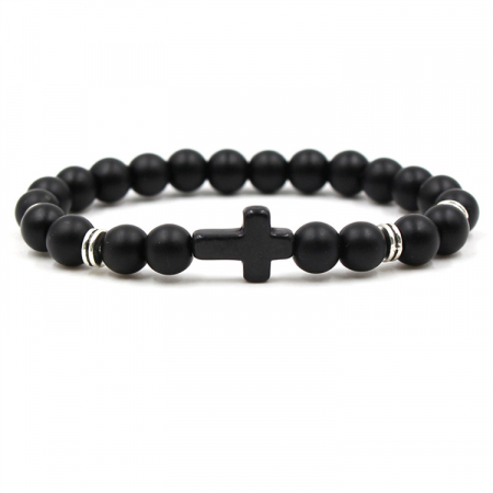 Bijuterii barbati - Bratara elastica din piatra semipretioasa, onix natural, model in forma de cruce, Tessero, unisex, negru