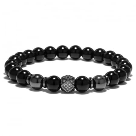 Bijuterii barbati - Bratara elastica din pietra semipretioasa, onix lucios, pietre zirconiu, 8mm, Tessero, negru