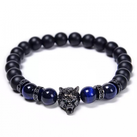 Bijuterii barbati - Bratara elastica din pietre semipretioase, tiger eye, model cu cap de lup, charm-uri cu pietre zirconiu negru, Tessero, albastru