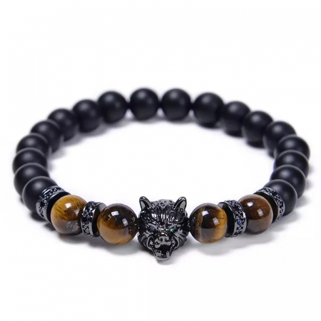 Bijuterii barbati - Bratara elastica din pietre semipretioase, tiger eye, model cu cap de lup, charm-uri cu pietre zirconiu negru, Tessero, maro