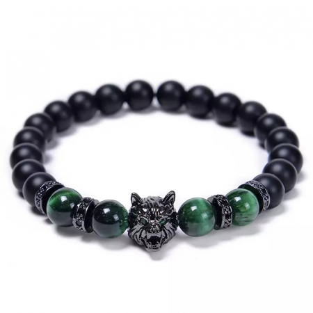 Bijuterii barbati - Bratara elastica din pietre semipretioase, tiger eye, model cu cap de lup, charm-uri cu pietre zirconiu negru, Tessero, verde