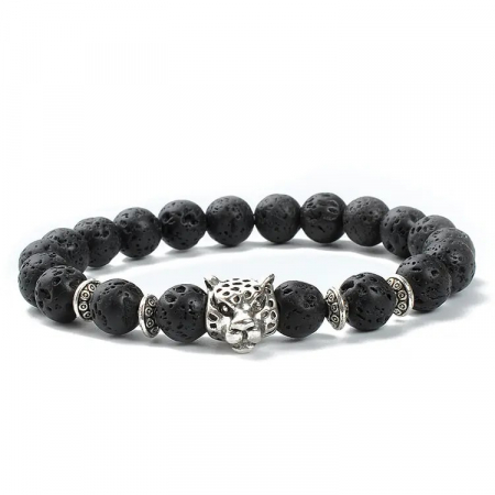 Bratara elastica din roca vulcanica, charm-uri placate cu argint, model cu cap de leopard, unisex, Tessero, negru [2]