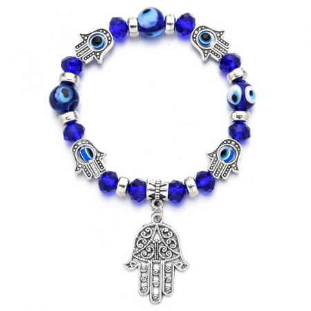 Bijuterii dama - Bratara elastica unisex, model Evil Eye si mana Hamsa, ochiul pazitor, albastru, Tessero