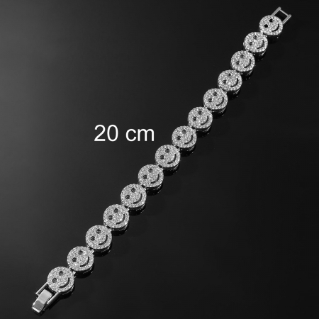 Bijuterii barbati - Bratara Hip Hop cu fata zambitoare, emoticon Smiley Face, inchidere clips, placat cu aur 18K, pietre zirconiu, unisex, Tessero, argintiu