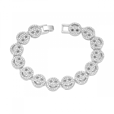Bratara Hip Hop cu fata zambitoare, emoticon Smiley Face, inchidere clips, placat cu aur 18K, pietre zirconiu, unisex, Tessero, argintiu [1]