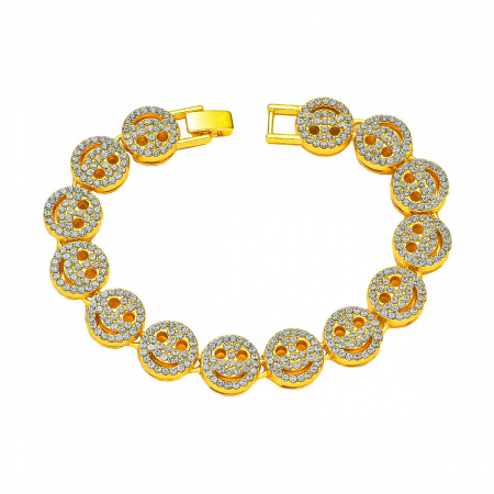 Bijuterii barbati - Bratara Hip Hop cu fata zambitoare, emoticon Smiley Face, inchidere clips, placat cu aur 18K, pietre zirconiu, unisex, Tessero, auriu