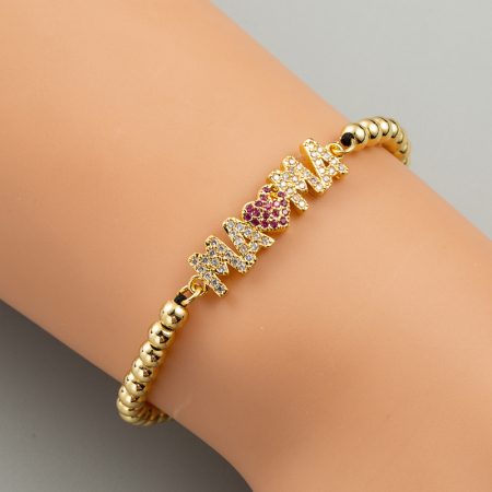 Bijuterii dama - Bratara luxury cu charm inscriptionat "Mama", placata cu aur 24K, pietre zirconiu, tip snur, marime reglabila, auriu