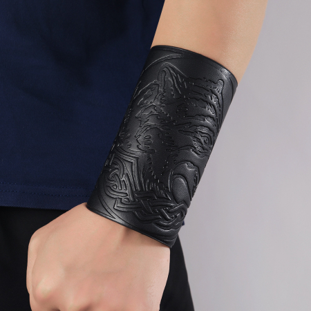 Bratara pentru antebrat din piele naturala cu sireturi pentru reglare, model cu cap de lup, tip corset, Tessero, negru [1]