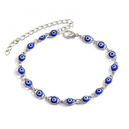 Bijuterii dama - Bratara pentru picior, glezna, model cu Evil Eye, ochiul protector, placat cu aur 18K, marime reglabila, Tessero, argintiu