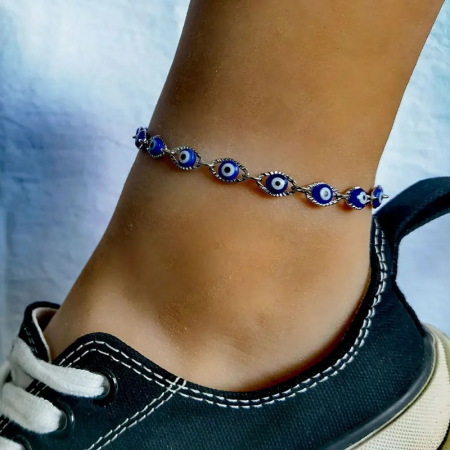 Bratara pentru picior, glezna, model cu Evil Eye, ochiul protector, placat cu aur 18K, marime reglabila, Tessero, argintiu [1]