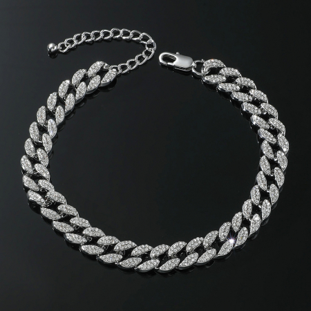 Bratara pentru picior, glezna, model Cuban Chain, placat cu aur 18K, pietre zirconiu, marime reglabila, unisex, Tessero, argintiu [1]