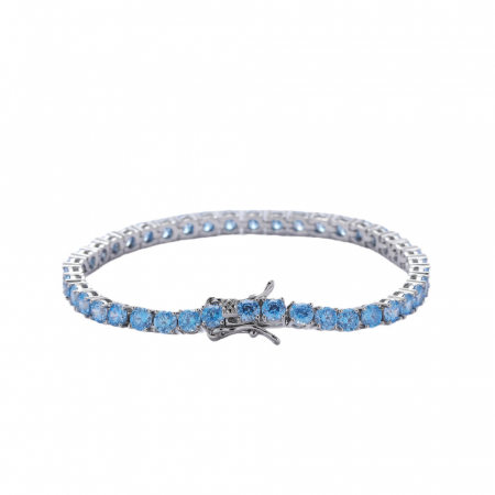 Bijuterii dama - Bratara Tennis din otel inoxidabil, pietre zirconiu albastre, 18 cm, placat cu aur alb 18K, unisex, inchidere cu catarama, Tessero, argintiu