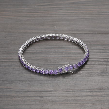 Bijuterii dama - Bratara Tennis din otel inoxidabil, pietre zirconiu mov, 18 cm, placat cu aur alb 18K, unisex, inchidere cu catarama, Tessero, argintiu