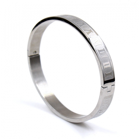 Bijuterii dama - Bratara tip bangle cu cifre romane din otel inoxidabil, placat cu aur 18k, unisex, 18 cm, argintiu