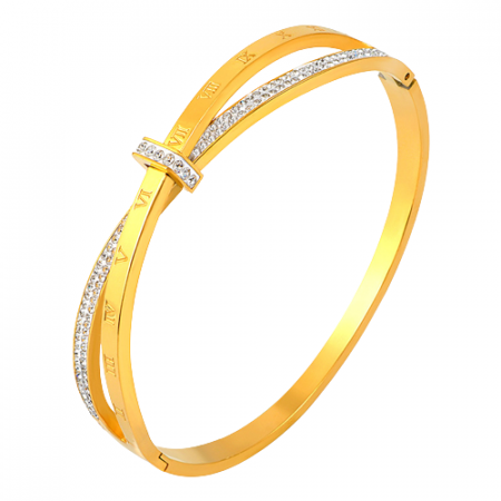 Bijuterii dama - Bratara tip Bangle fixa cu strasuri din pietre zirconiu, model cu cifre romane, otel inoxidabil, prindere cu magnet, placata cu aur 18K, Tessero, auriu