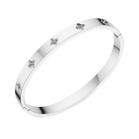 Bijuterii dama - Bratara tip Bangle fixa cu strasuri din pietre zirconiu, model cu trifoi, otel inoxidabil, prindere cu magnet, placata cu aur 18K, Tessero, argintiu