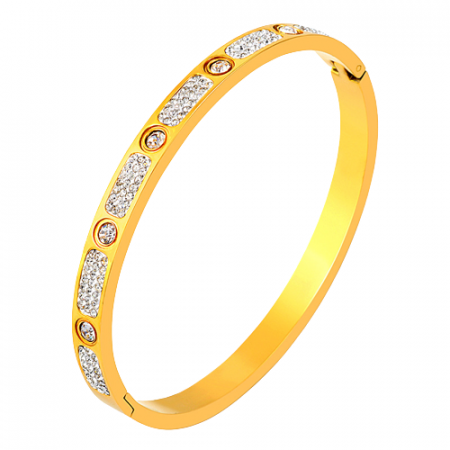 Bijuterii dama - Bratara tip Bangle fixa cu strasuri din pietre zirconiu, otel inoxidabil, prindere cu magnet, placata cu aur 18K, Tessero, auriu