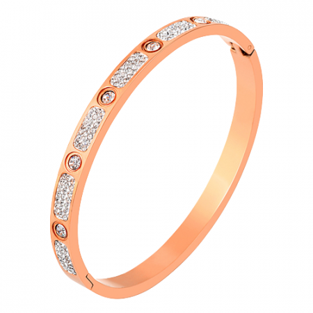 Bijuterii dama - Bratara tip Bangle fixa cu strasuri din pietre zirconiu, otel inoxidabil, prindere cu magnet, placata cu aur 18K, Tessero, rose gold