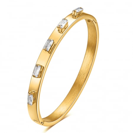 Bijuterii dama - Bratara tip Bangle fixa, model cu pietre zirconiu dreptunghiulare Oversize, otel inoxidabil, prindere cu magnet, placata cu aur 18K, 6mm, Tessero, auriu