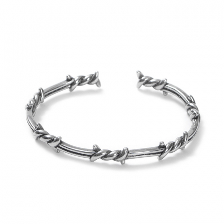 Bijuterii barbati - Bratara tip Bangle fixa, model cu sarma ghimpata, placat cu argint, unisex, marime reglabila, Tessero, argintiu