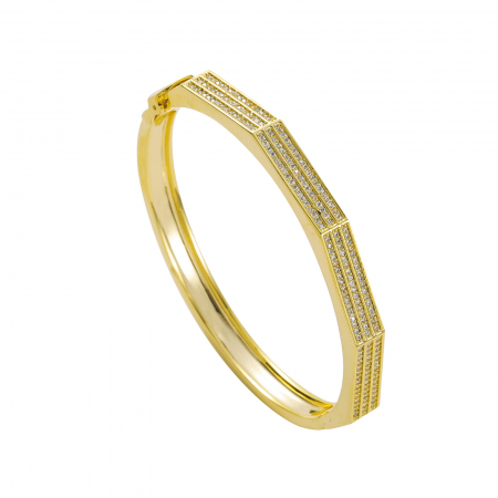 Bratara tip Bangle fixa, model geometric cu strasuri din pietre zirconiu, otel inoxidabil, prindere cu magnet, inchidere cu siguranta, placata cu aur 18K, Tessero, auriu [2]