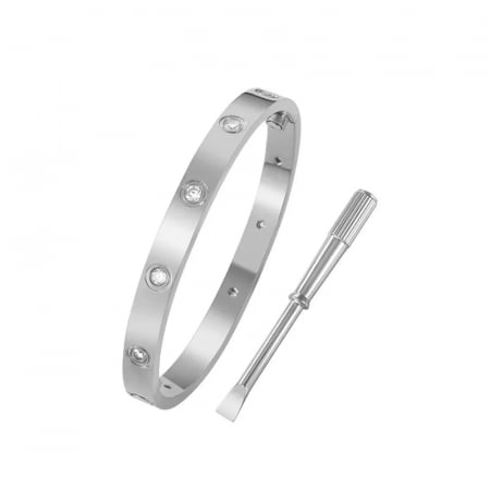 Bijuterii dama - Bratara tip Bangle fixa reglabila cu surubelnita, pietre zirconiu, otel inoxidabil, prindere cu magnet, placata cu aur 18K, Tessero, argintiu
