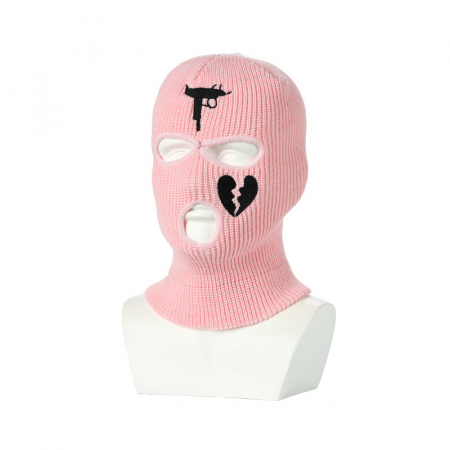 Caciuli sport barbati - Cagula Hip hop tip Balaclava unisex, brodat cu arma de foc si inima franta, marime universala, trei gauri, Tessero, roz