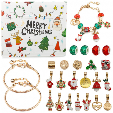 Calendar Advent DIY cu tematica de Craciun, bijuterii de dama, bratara cu charmuri, placata cu aur 18K, marime reglabila, Tessero, auriu [1]
