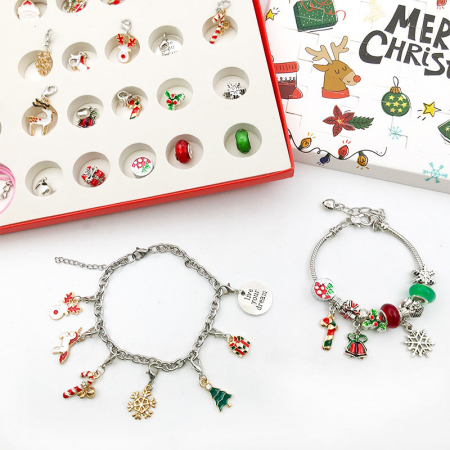 Calendar Advent DIY cu tematica de Craciun, bijuterii de dama, cercei si bratari cu charmuri, placata cu aur 18K, marime reglabila, Tessero, argintiu [3]