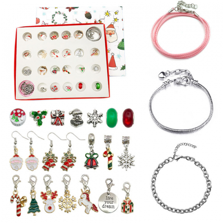Calendar Advent DIY cu tematica de Craciun, bijuterii de dama, cercei si bratari cu charmuri, placata cu aur 18K, marime reglabila, Tessero, argintiu [1]