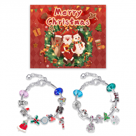 Calendar Advent DIY cu tematica de Craciun, set doua bratari cu charm-uri, placate cu aur 18K, pietre zirconiu, marime reglabila, Tessero, argintiu [2]