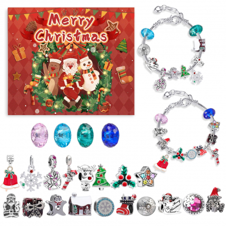 Bijuterii dama - Calendar Advent DIY cu tematica de Craciun, set doua bratari cu charm-uri, placate cu aur 18K, pietre zirconiu, marime reglabila, Tessero, argintiu