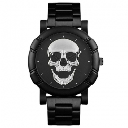 Ceasuri barbatesti - Ceas analog cu cap de mort, mecanism quartz, otel inoxdaibil, rezistent la apa, Tessero, negru mat