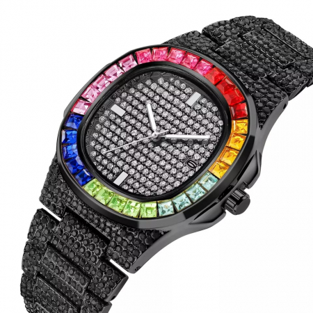Ceasuri barbatesti - Ceas analog Ice out, mecanism quartz, insertii zirconiu multicolore, placat cu aur 18K, Tessero, negru