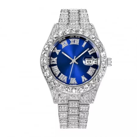 Ceasuri barbatesti - Ceas analog Iced out, mecanism quartz, insertii zirconiu, cifre romane, placat cu aur 18K, cadran albastru, argintiu
