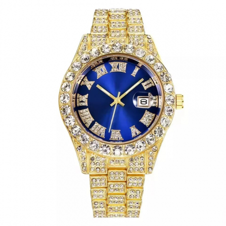 Ceasuri barbatesti - Ceas analog Iced out, mecanism quartz, insertii zirconiu, cifre romane, placat cu aur 18K, cadran albastru, auriu