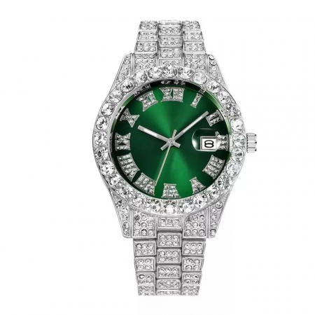 Ceasuri barbatesti - Ceas analog Iced out, mecanism quartz, insertii zirconiu, cifre romane, placat cu aur 18K, cadran verde, argintiu