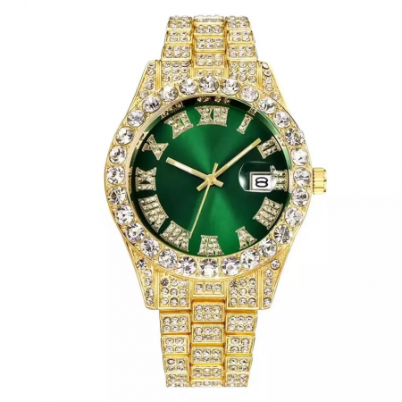 Ceasuri barbatesti - Ceas analog Iced out, mecanism quartz, insertii zirconiu, cifre romane, placat cu aur 18K, cadran verde, auriu