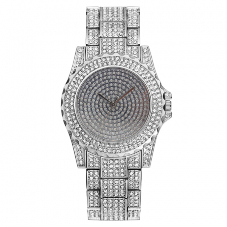 Ceasuri barbatesti - Ceas analog rotund Iced out, mecanism quartz, insertii zirconiu, placat cu aur 18K, argintiu